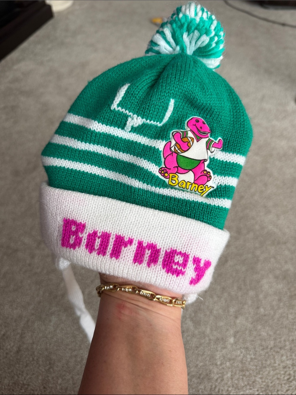 Barneys football Green, White & Purple Barney Knit Pom-Pom Kids Beanie baby hat